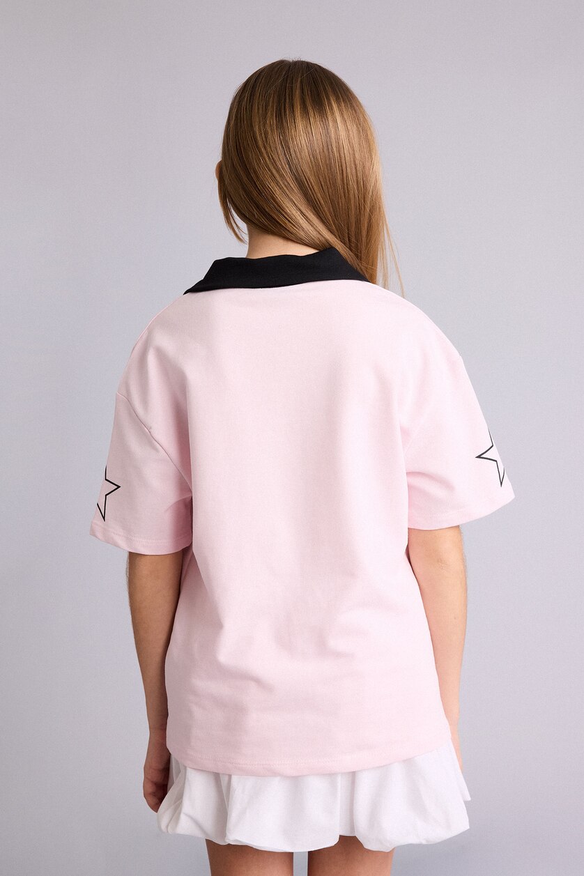 Young Girls - Teen Girls Light Pink Girl Polo Neck Printed Oversize T-Shirt