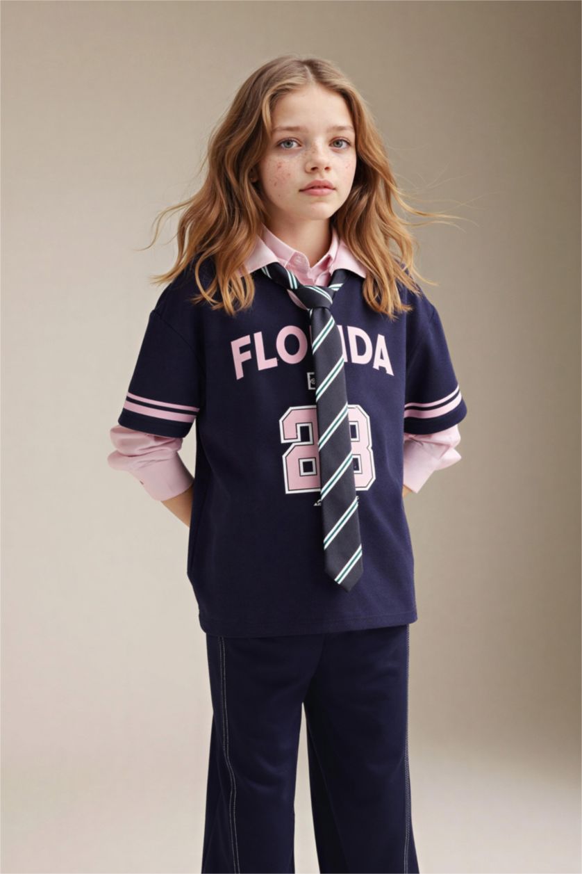 GIRLS & TEENS NAVY Oversize Fit Slogan Short Sleeve Polo T-Shirt