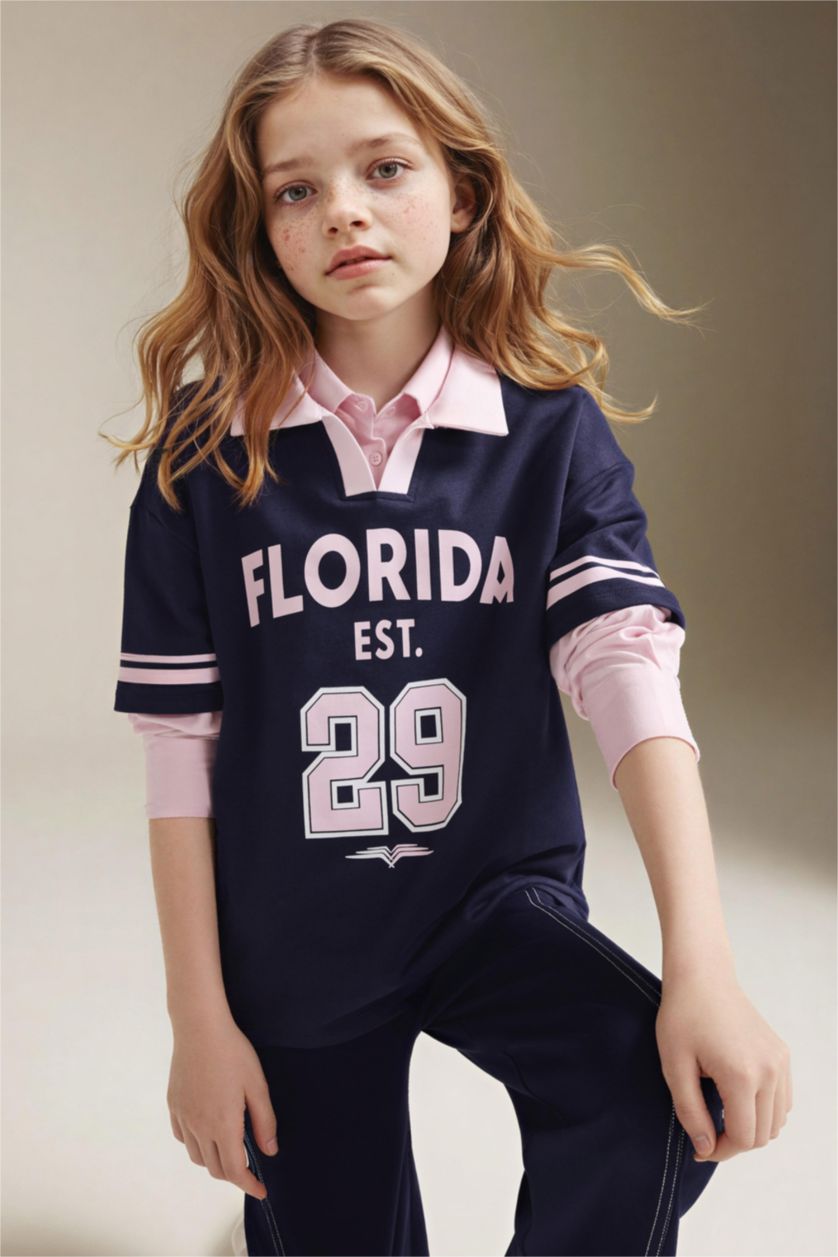 GIRLS & TEENS NAVY Oversize Fit Slogan Short Sleeve Polo T-Shirt