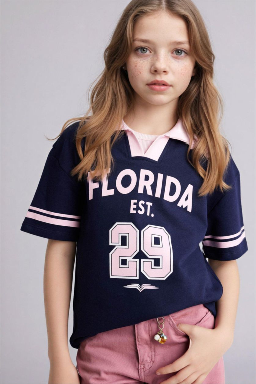 GIRLS & TEENS NAVY Oversize Fit Slogan Short Sleeve Polo T-Shirt