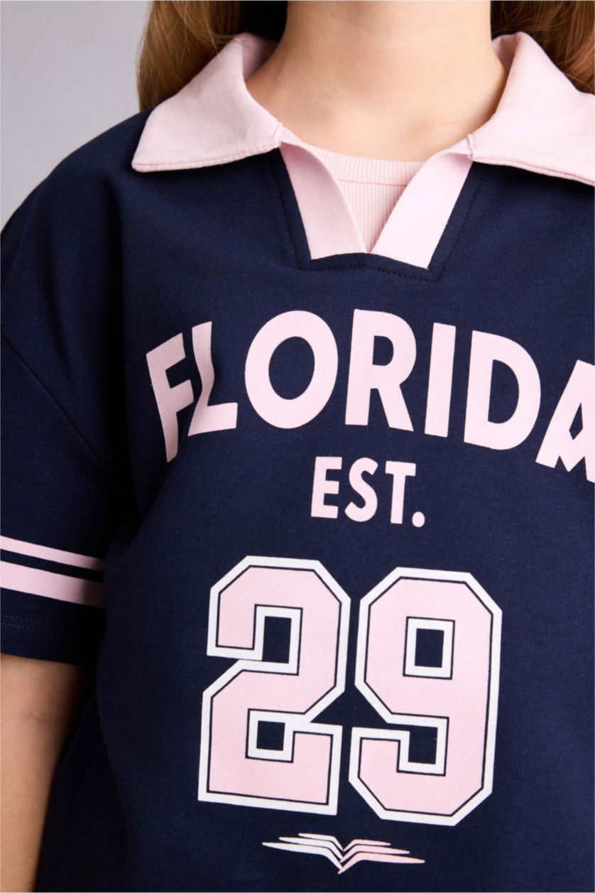 GIRLS & TEENS NAVY Oversize Fit Slogan Short Sleeve Polo T-Shirt