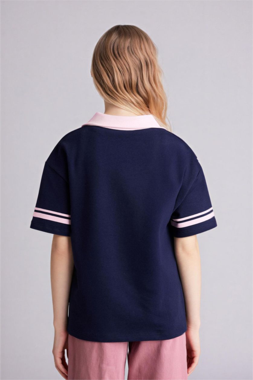 GIRLS & TEENS NAVY Oversize Fit Slogan Short Sleeve Polo T-Shirt