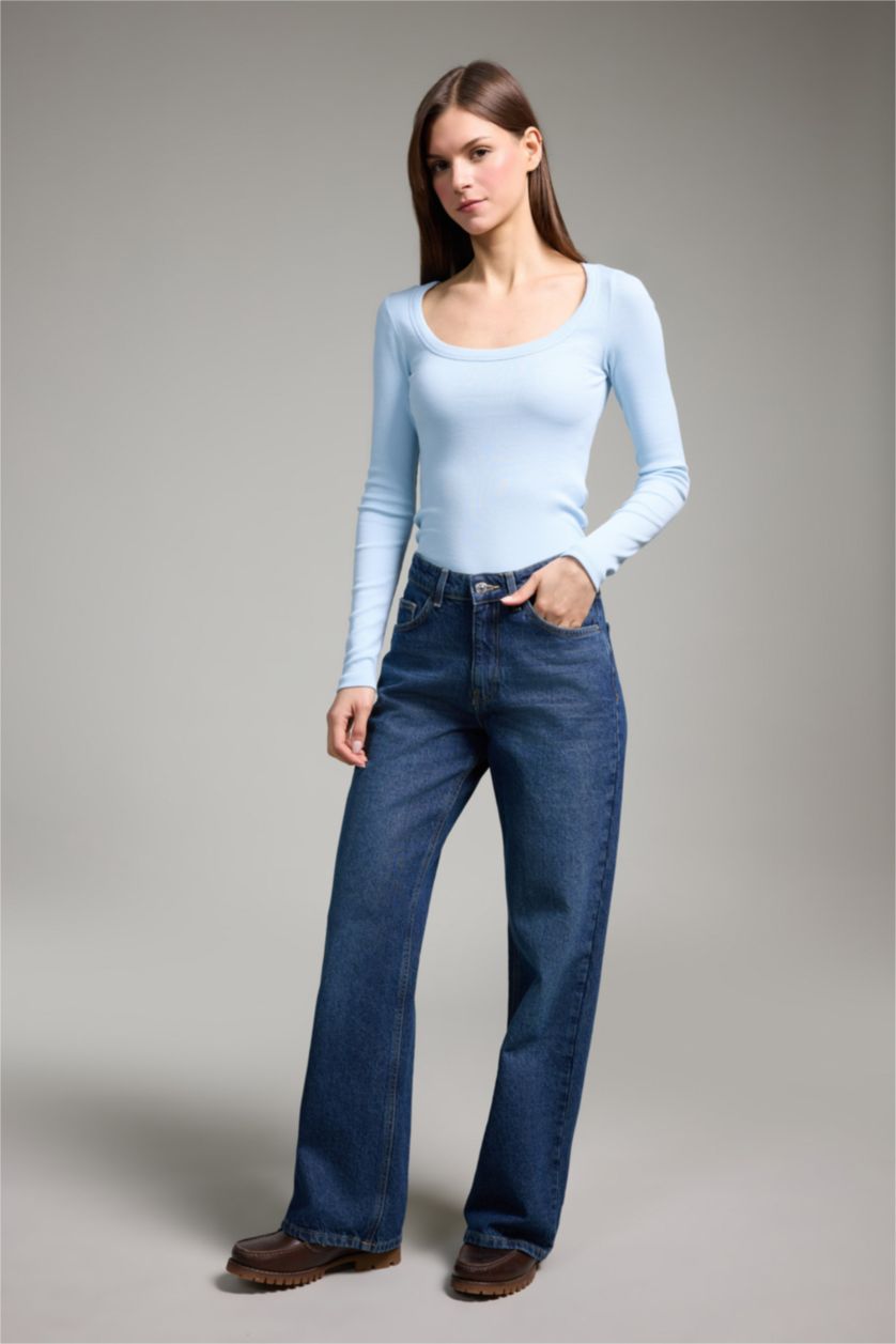 Женщины Светло-синий Базовая однотонная футболка кашкорсе Slim Fit в рубчик с круглым вырезом и длинным рукавом