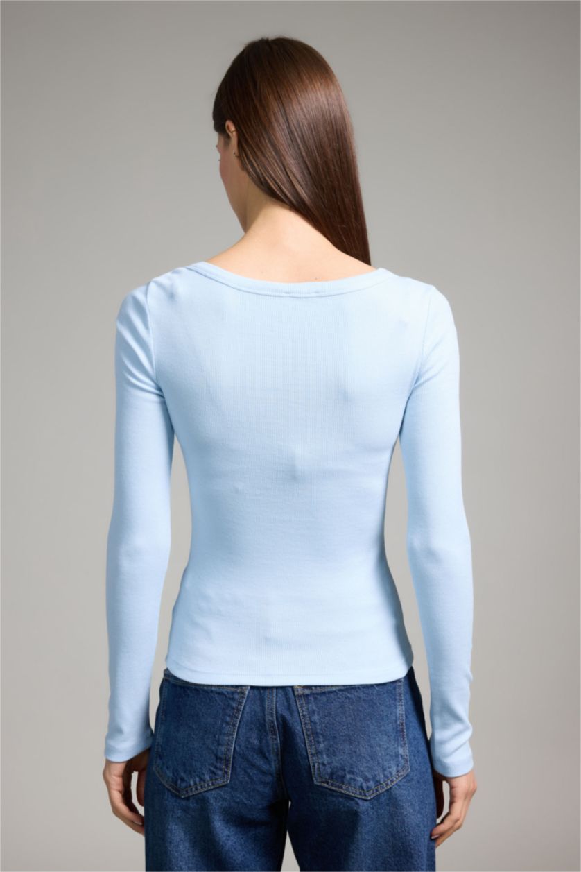 Женщины Светло-синий Базовая однотонная футболка кашкорсе Slim Fit в рубчик с круглым вырезом и длинным рукавом