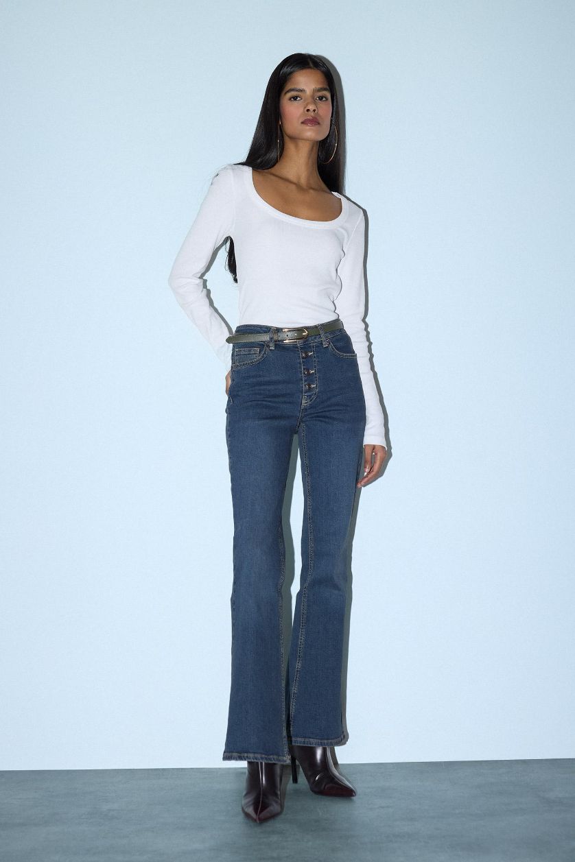 WOMAN White Slim Fit Round Neck Basic Corduroy Ribbed T-Shirt