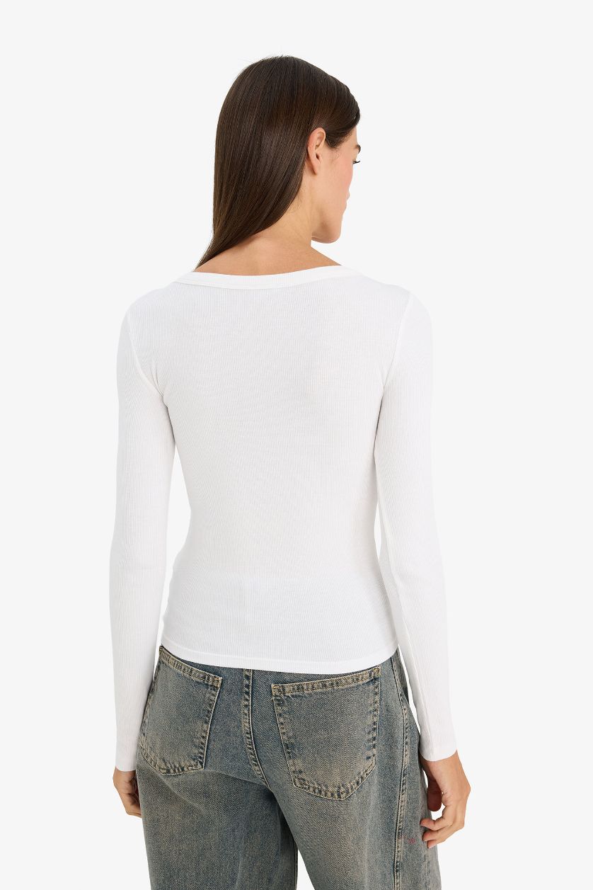 WOMAN White Slim Fit Round Neck Basic Corduroy Ribbed T-Shirt