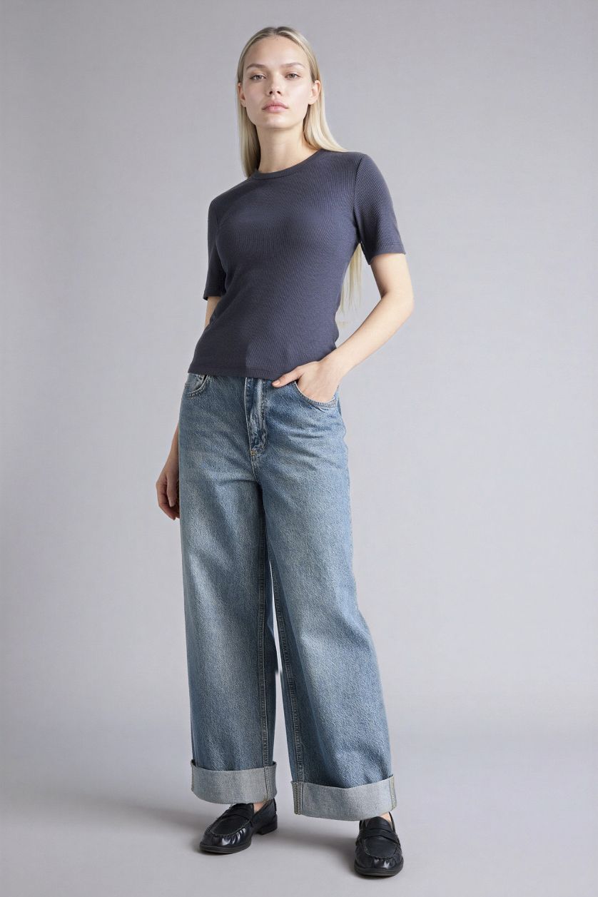 Woman Anthracite تيشيرت بيزك سادة مضلع سليم فيت