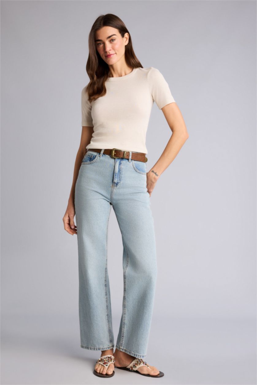 FEMME Beige Clair T-shirt basique côtelé à col rond et manches courtes Coupe slim