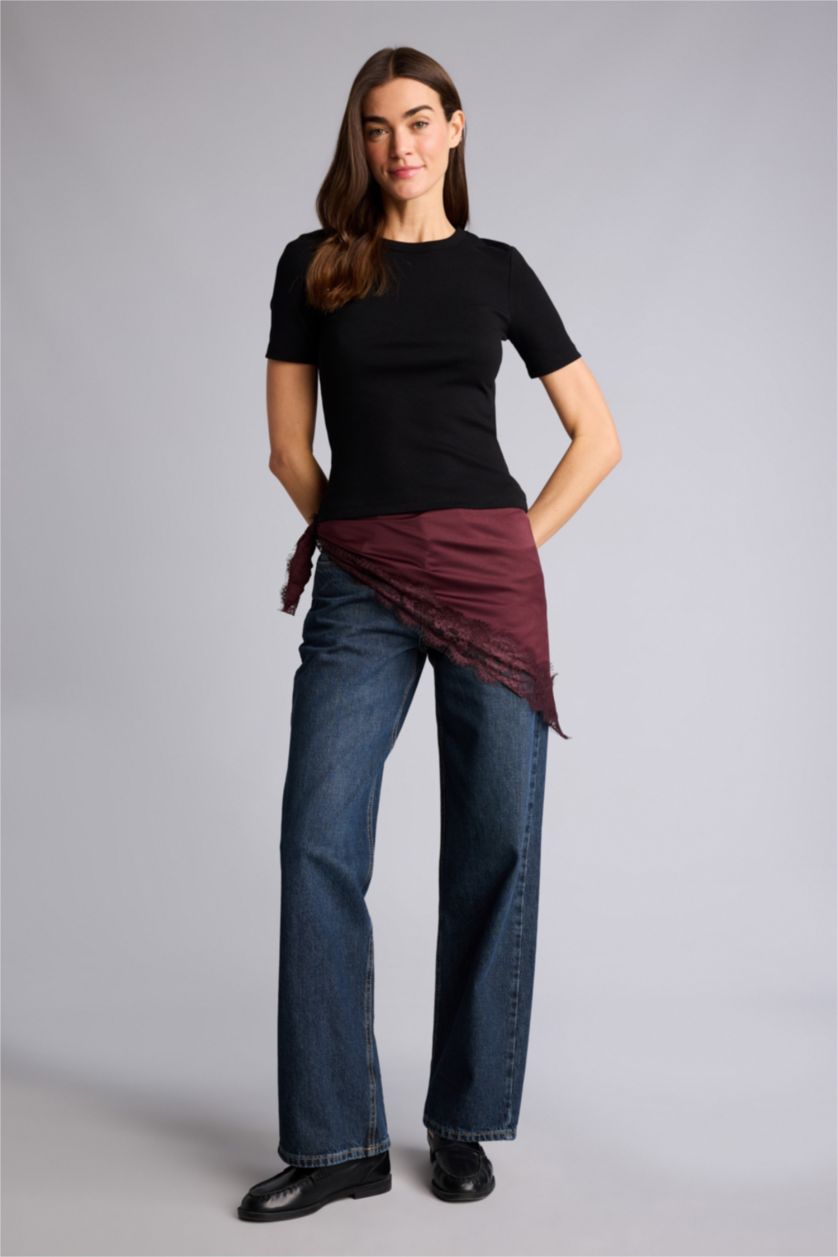 Женщины Черный Базовая однотонная футболка кашкорсе Slim Fit в рубчик с круглым вырезом и коротким рукавом