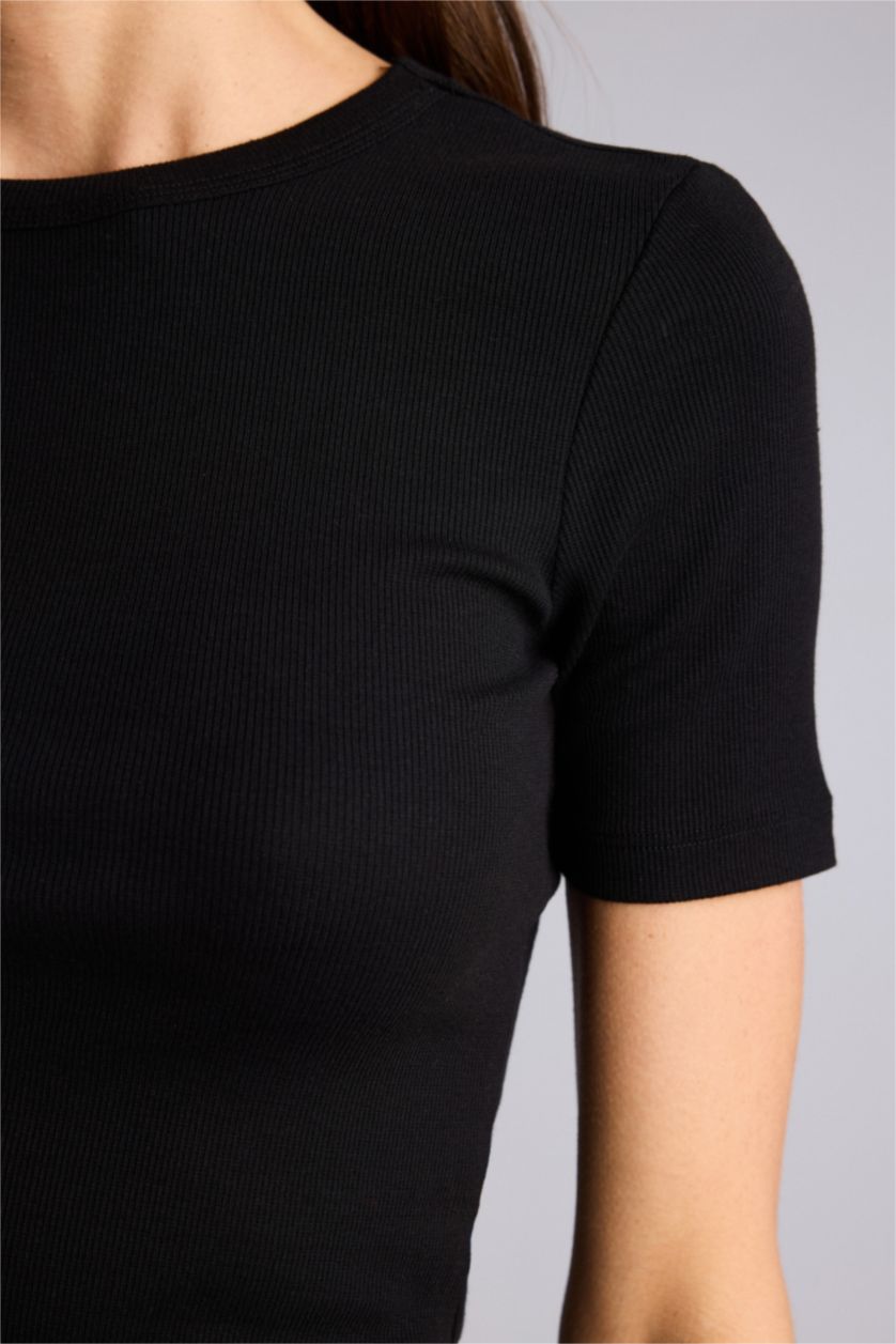 Женщины Черный Базовая однотонная футболка кашкорсе Slim Fit в рубчик с круглым вырезом и коротким рукавом