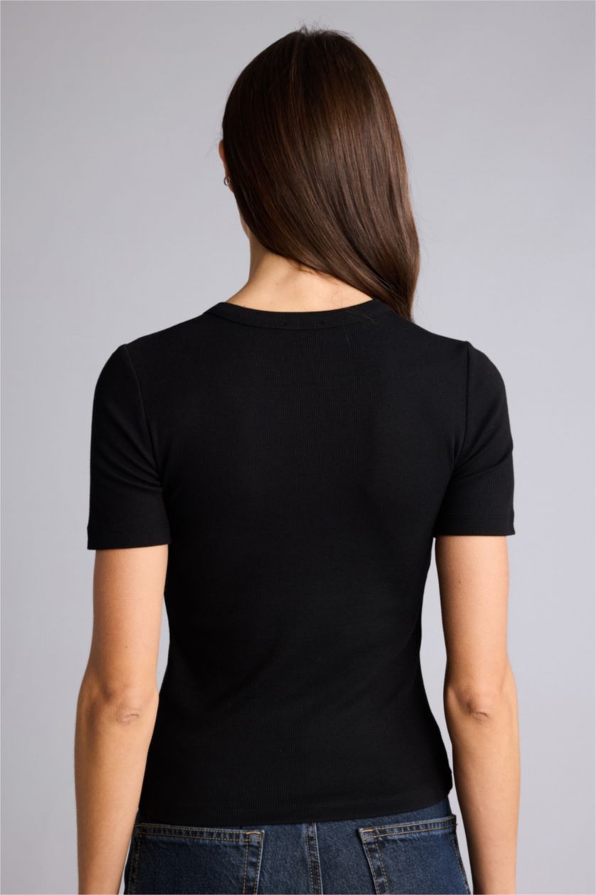 Женщины Черный Базовая однотонная футболка кашкорсе Slim Fit в рубчик с круглым вырезом и коротким рукавом