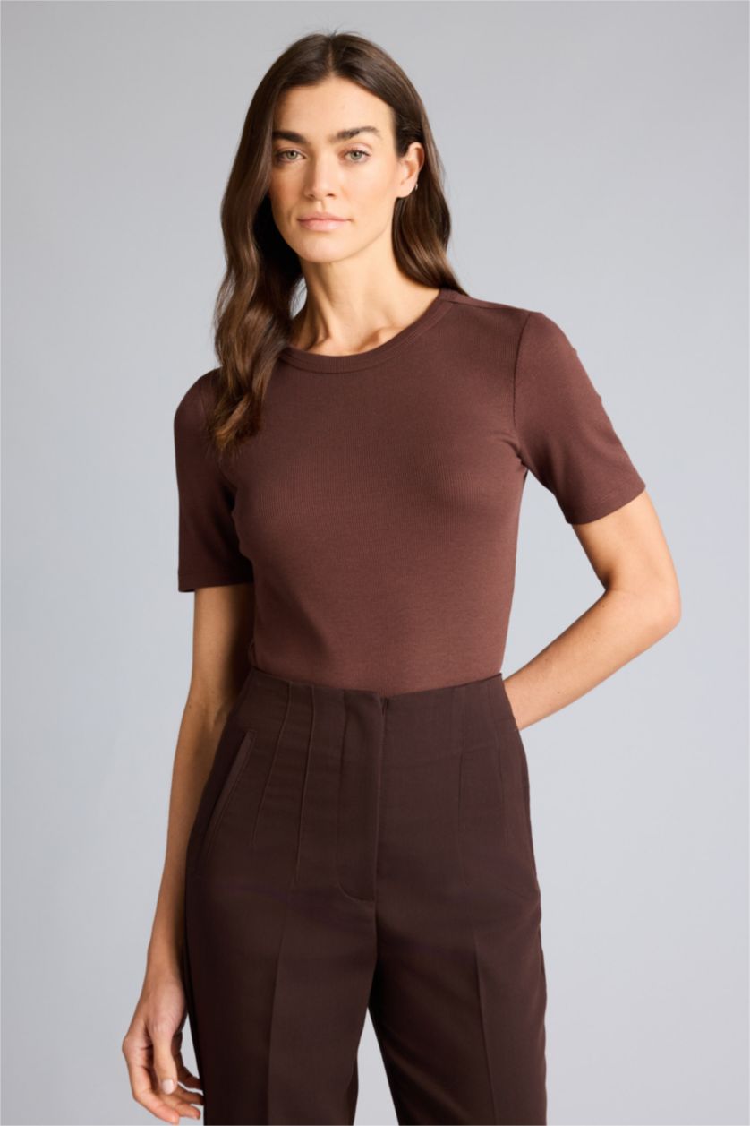 Женщины Коричневый Базовая футболка кашкорсе Slim Fit в рубчик