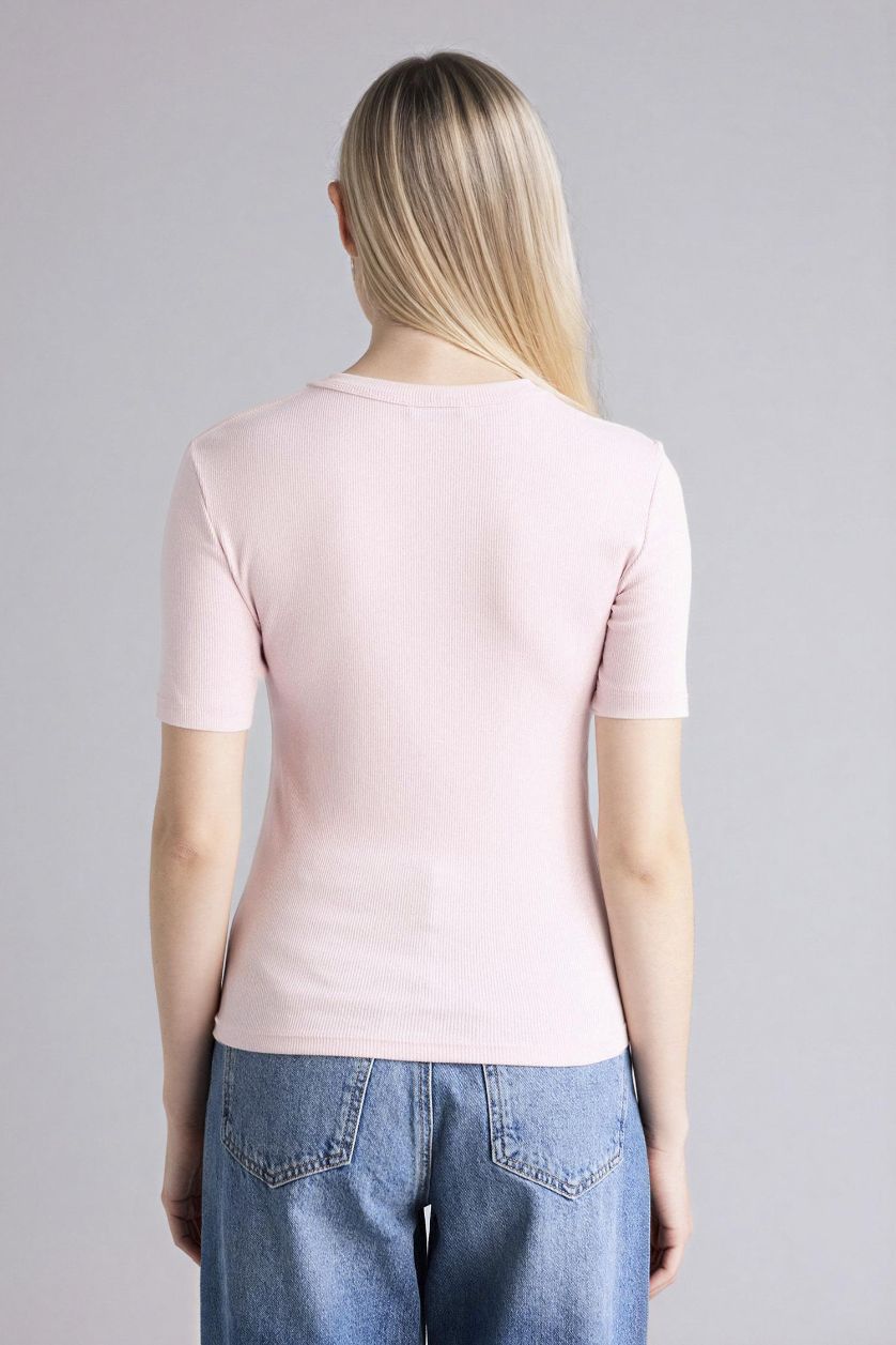 Kadın Açık Pembe Slım Fıt  Basıc Fitilli Kaşkorse Tişört