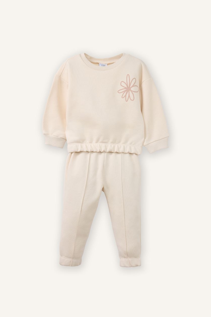 Kız Bebek Ekru Aplike 2'li Takım Sweatshirt Eşofman Altı Kız Bebek