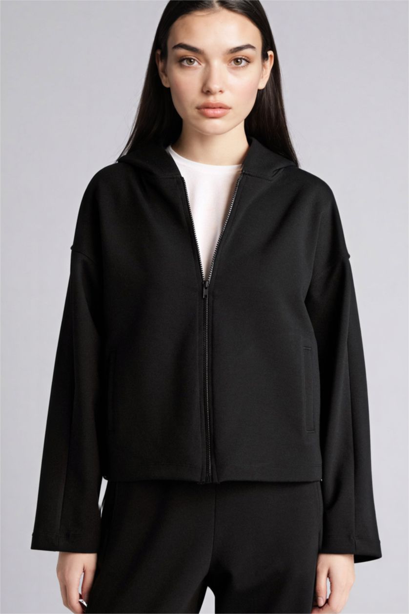 Woman Black Relax Fit Hooded Basic Scuba Fabric Cardigan