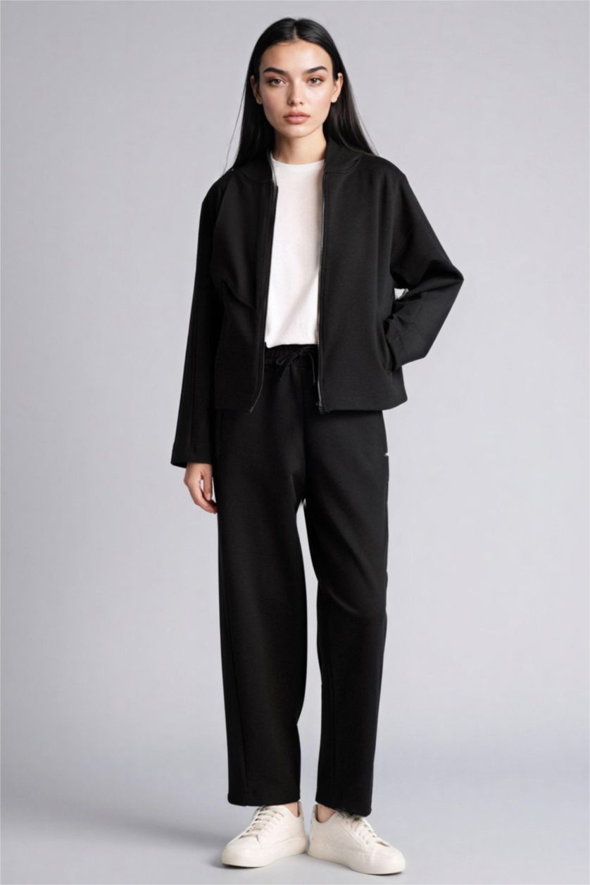 Woman Black Relax Fit Hooded Basic Scuba Fabric Cardigan