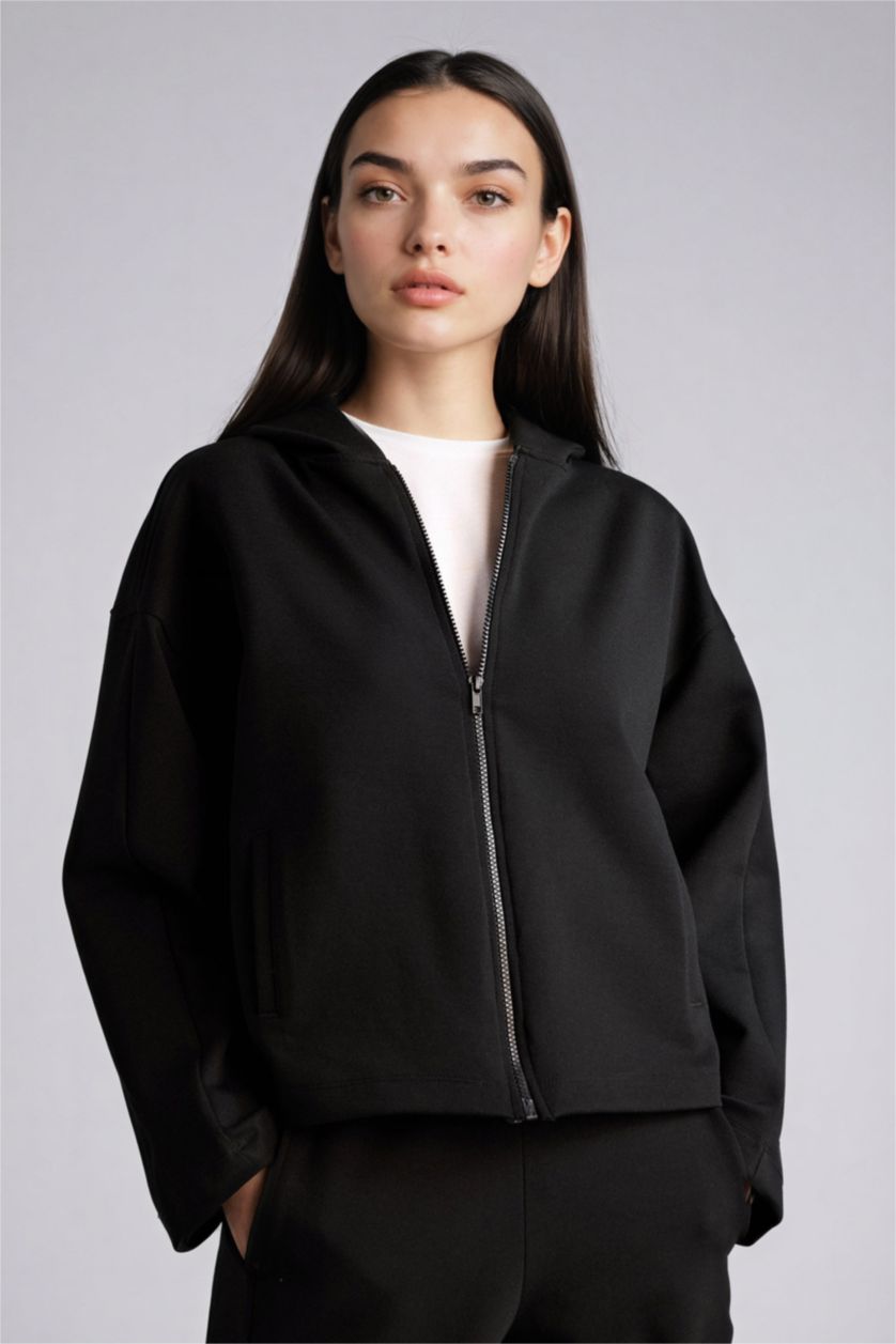 Woman Black Relax Fit Hooded Basic Scuba Fabric Cardigan