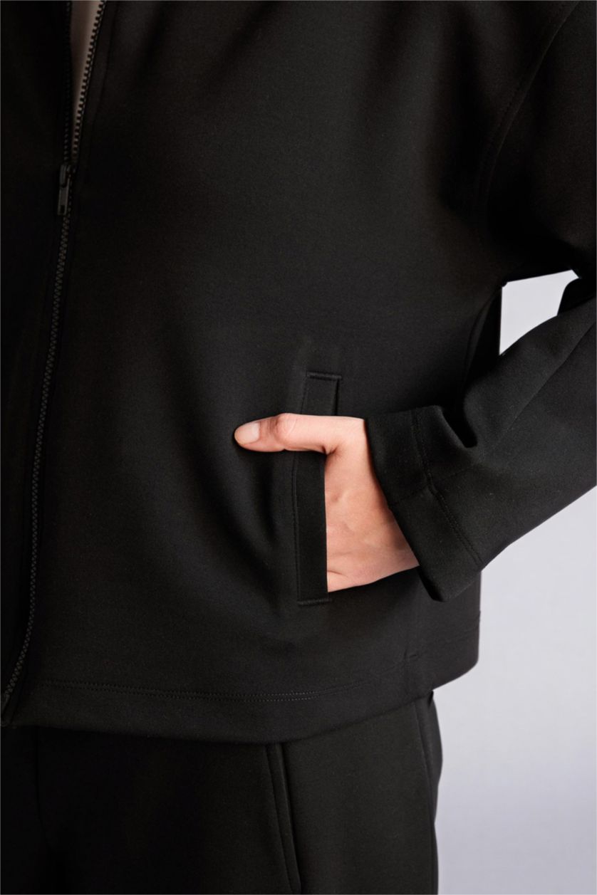 Woman Black Relax Fit Hooded Basic Scuba Fabric Cardigan