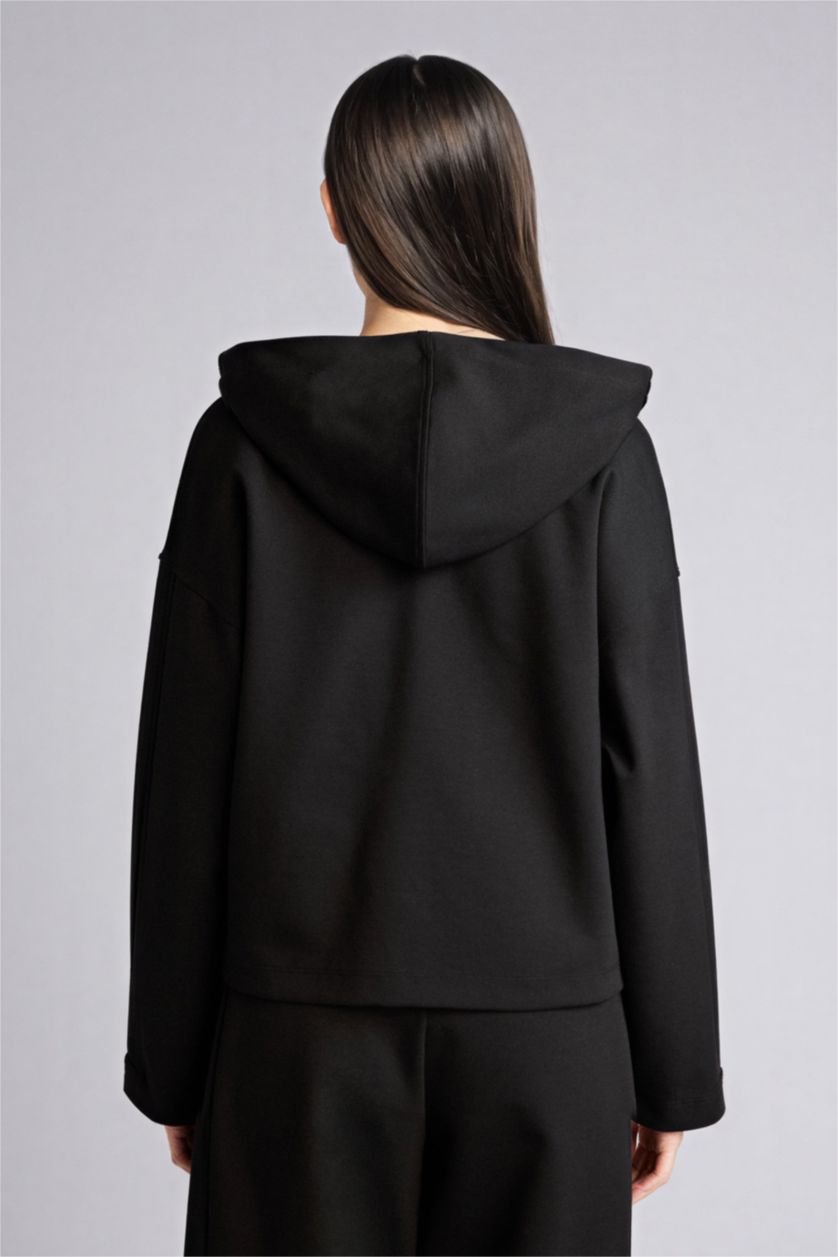 Woman Black Relax Fit Hooded Basic Scuba Fabric Cardigan