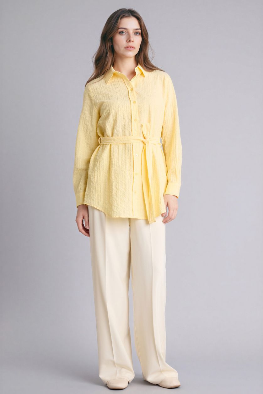 Kadın Sarı Regular Fıt Gofre Dokulu Tunik