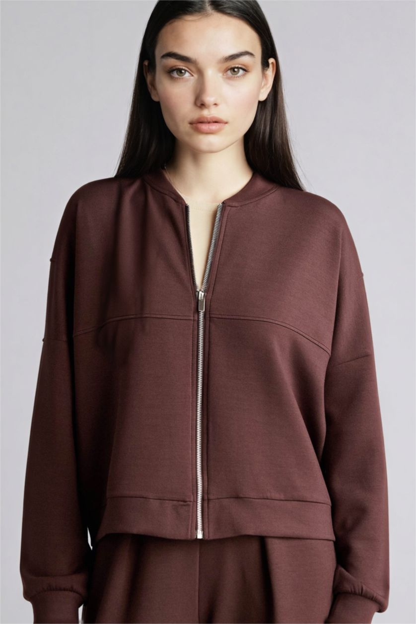 Woman Brown Relax Fit Half Turtleneck Basic Cardigan