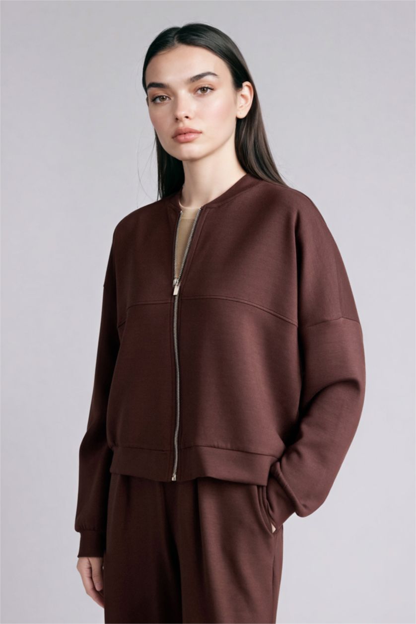 Woman Brown Relax Fit Half Turtleneck Basic Cardigan