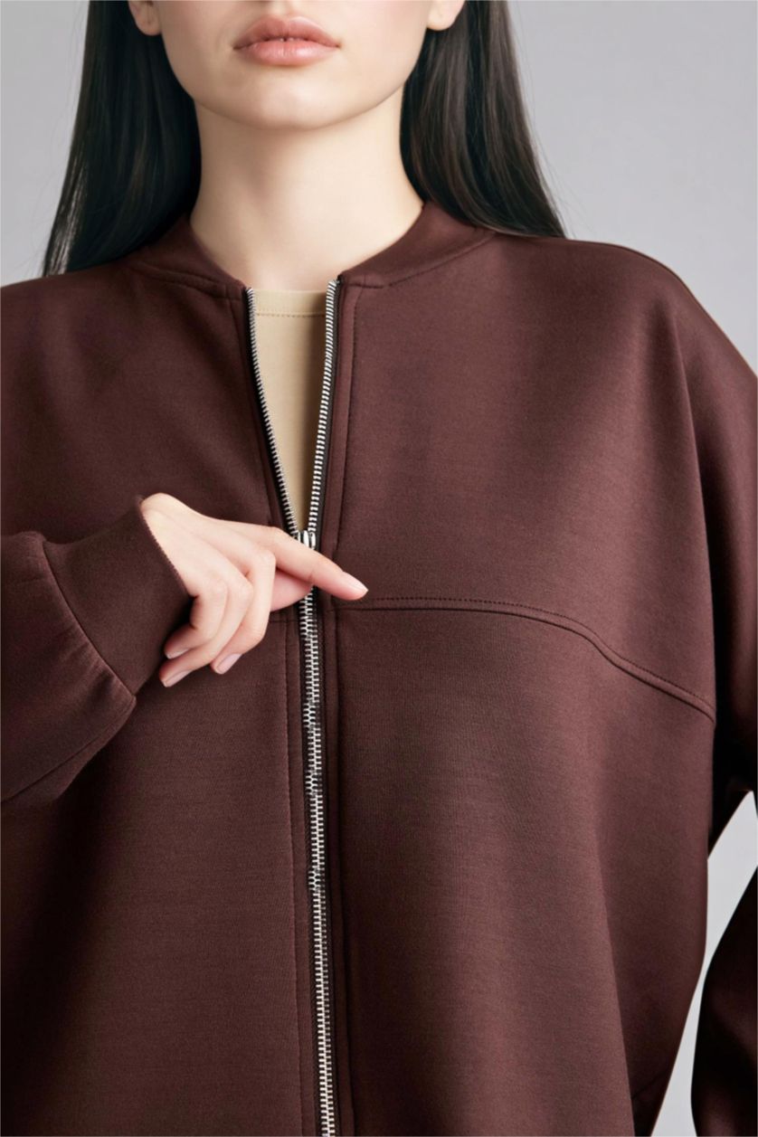 Woman Brown Relax Fit Half Turtleneck Basic Cardigan