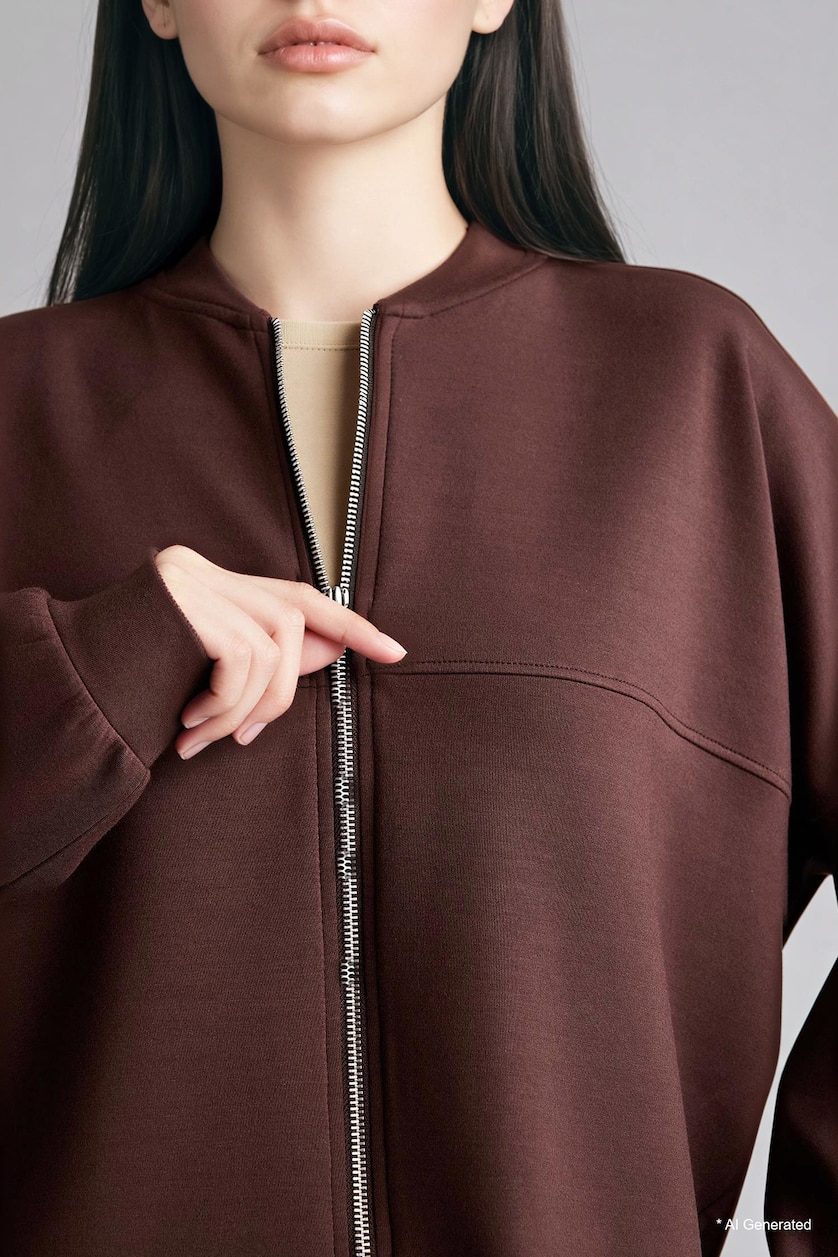 Kadın Kahve Relax Fit Fermuarlı Basic Hırka Sweatshirt
