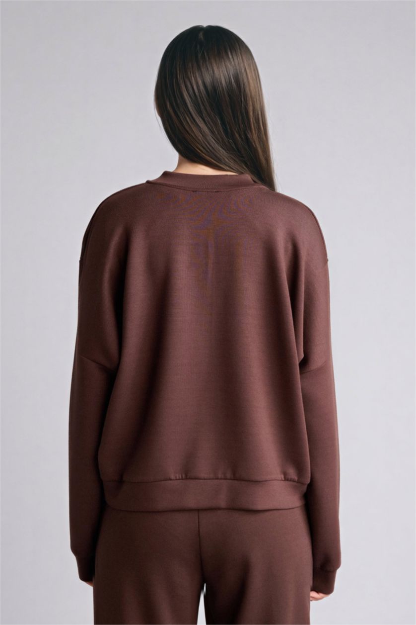 Woman Brown Relax Fit Half Turtleneck Basic Cardigan