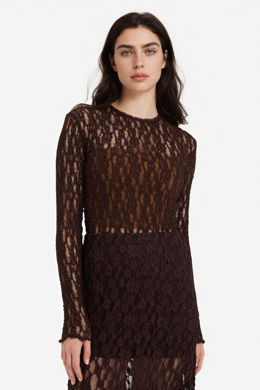 Женщины Коричневый Футболка Fitted с круглым вырезом длинным рукавом и кружевом