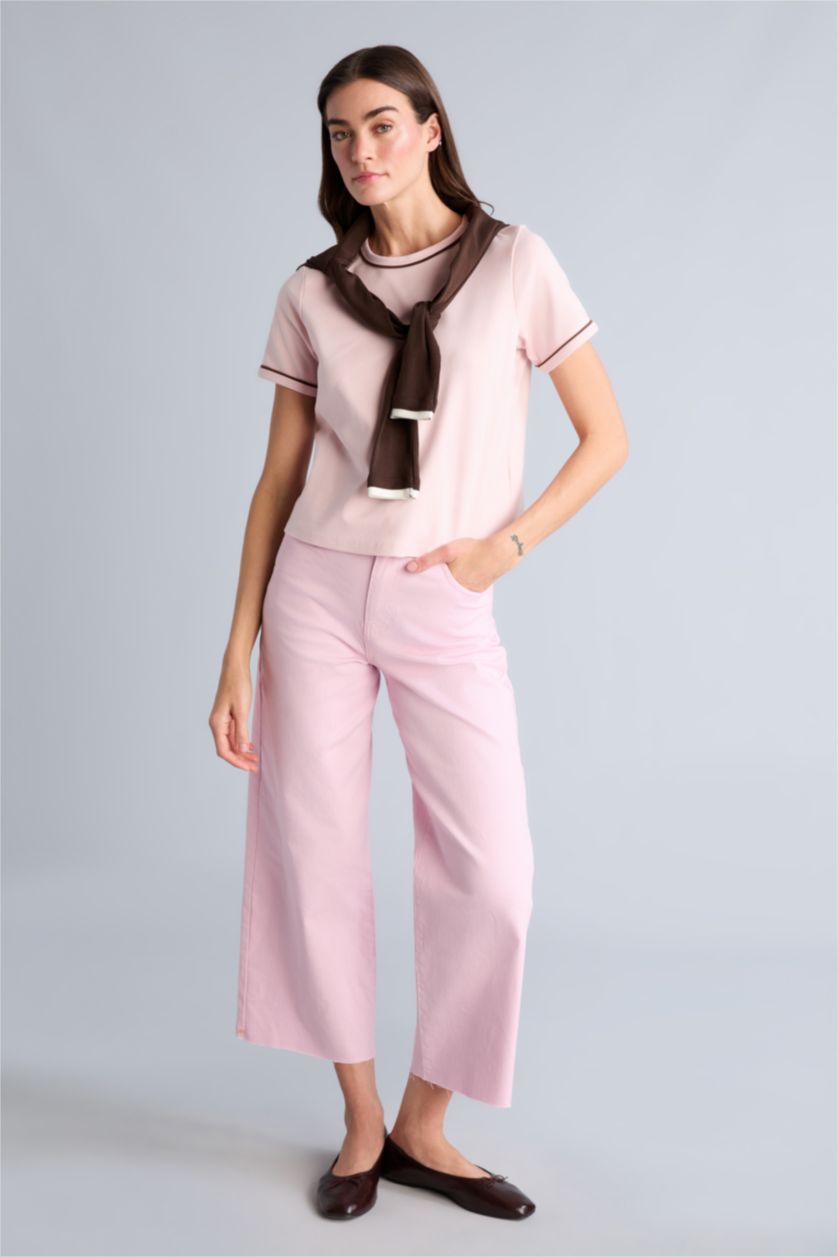 Kadın Açık Pembe Regular Fıt Bisiklet Yaka Basıc Düz Kısa Kollu Tişört