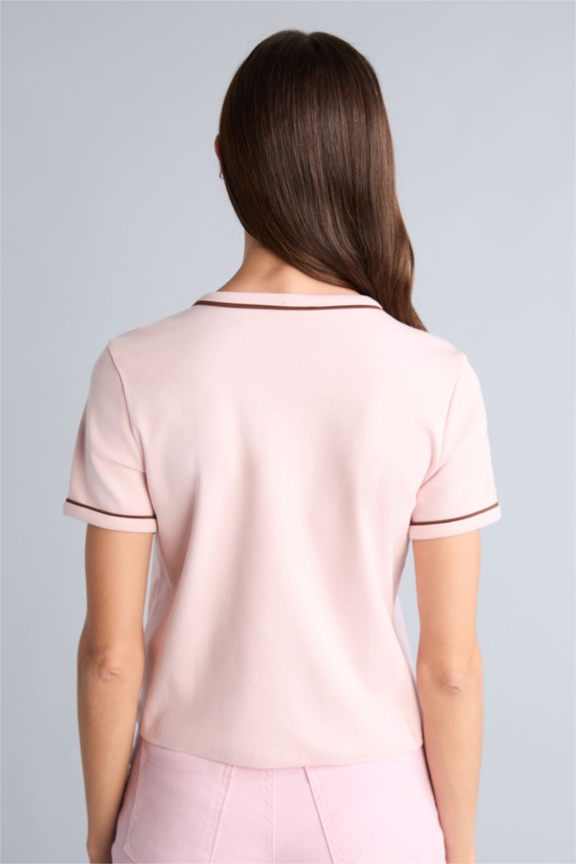 Kadın Açık Pembe Regular Fıt Bisiklet Yaka Basıc Düz Kısa Kollu Tişört