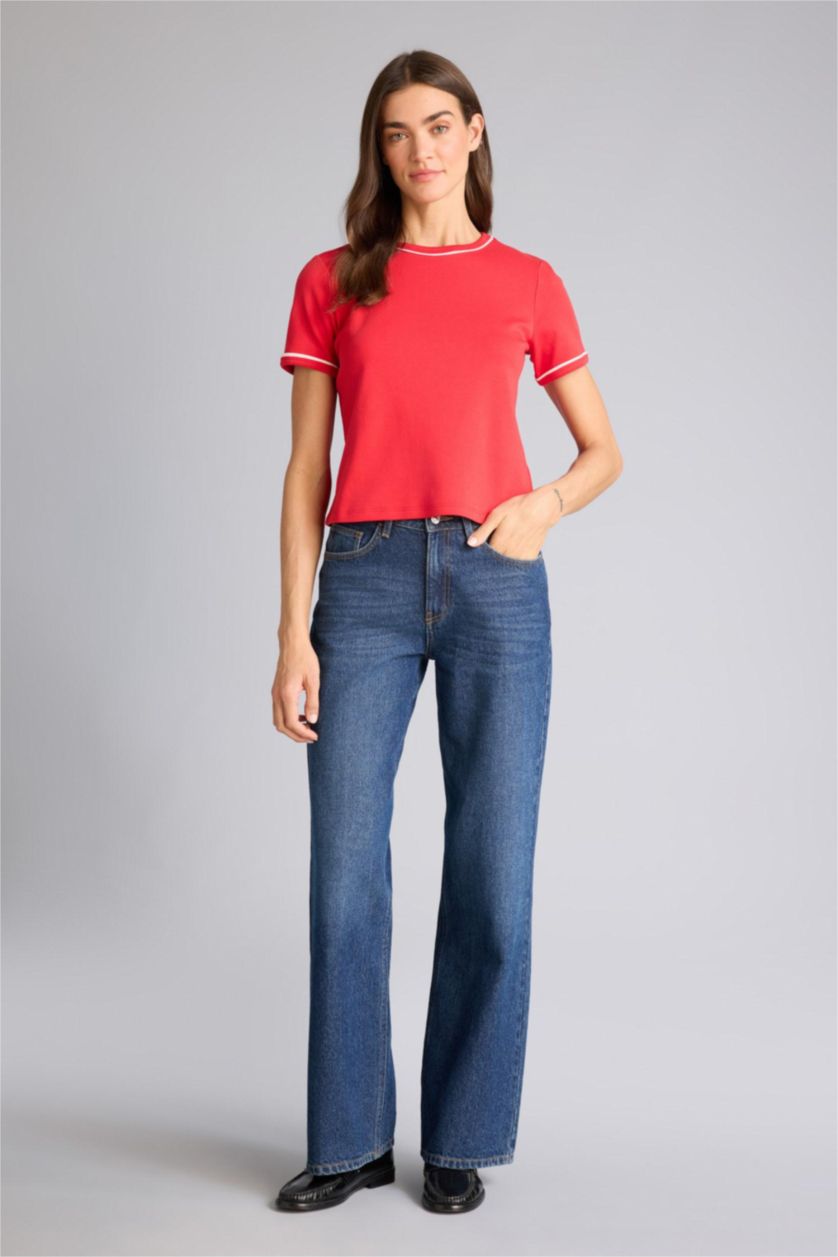 Kadın Kırmızı Regular Fıt Bisiklet Yaka Basıc Düz Kısa Kollu Tişört