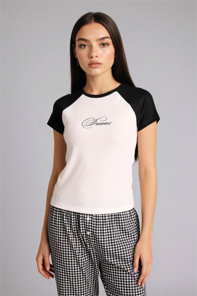 نساء أسود سيت بجامة كاروهات قصة عادية نص ردن - قطعتين