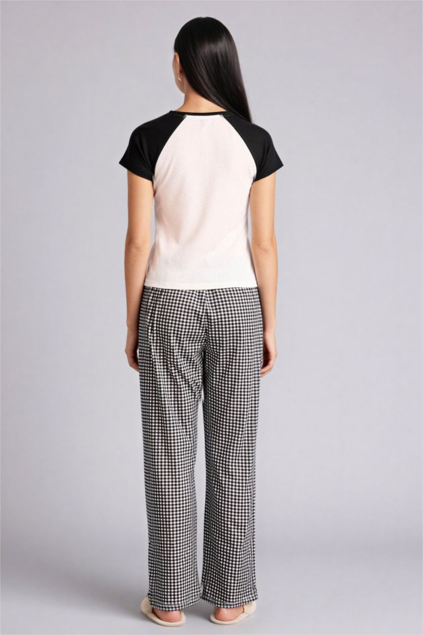 نساء أسود سيت بجامة كاروهات قصة عادية نص ردن - قطعتين