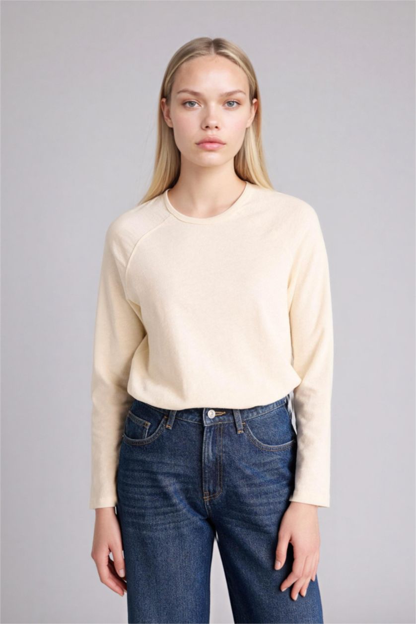 Kadın Açık Taş Regular Fıt Bisiklet Yaka Basıc Düz Uzun Kollu Tişört