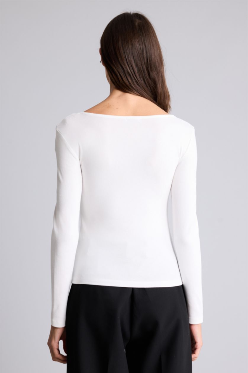 Женщины Бежевый Базовая футболка Slim Fit из модала с квадратным вырезом и длинным рукавом