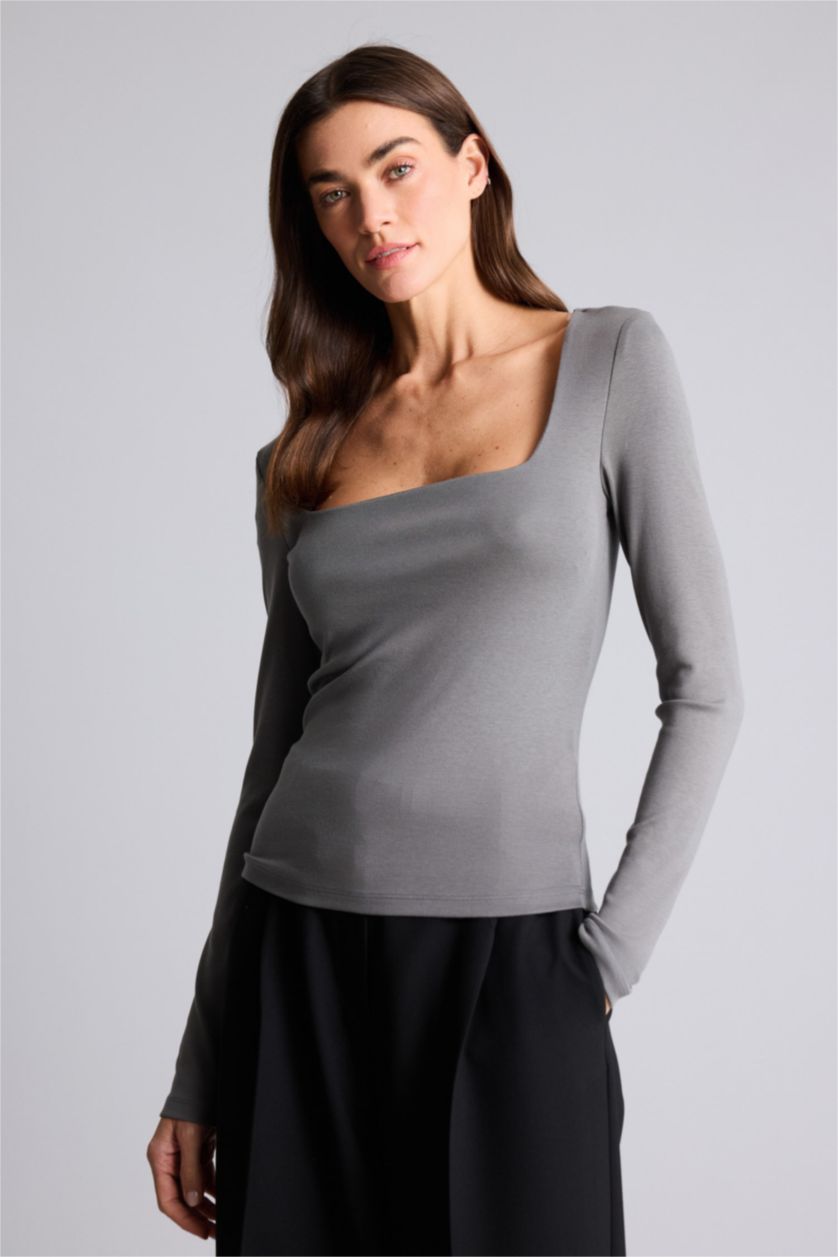 Woman Grey تيشيرت ردن طويل بيزك سادة سليم فيت وياخة مربعة