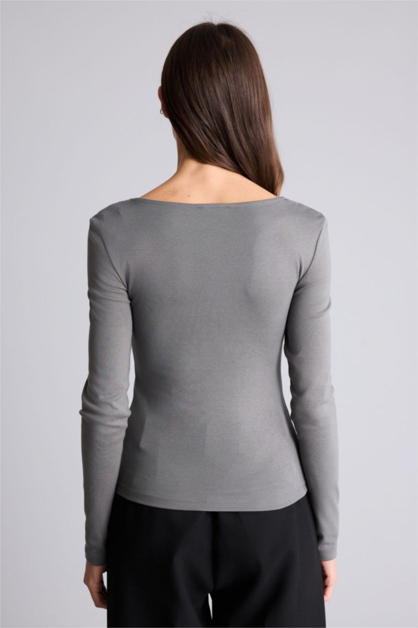 Woman Grey تيشيرت ردن طويل بيزك سادة سليم فيت وياخة مربعة