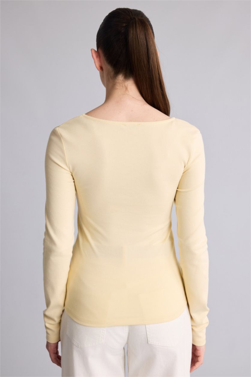 Kadın Açık Sarı Slım Fıt Modal Uzun Kollu Tişört