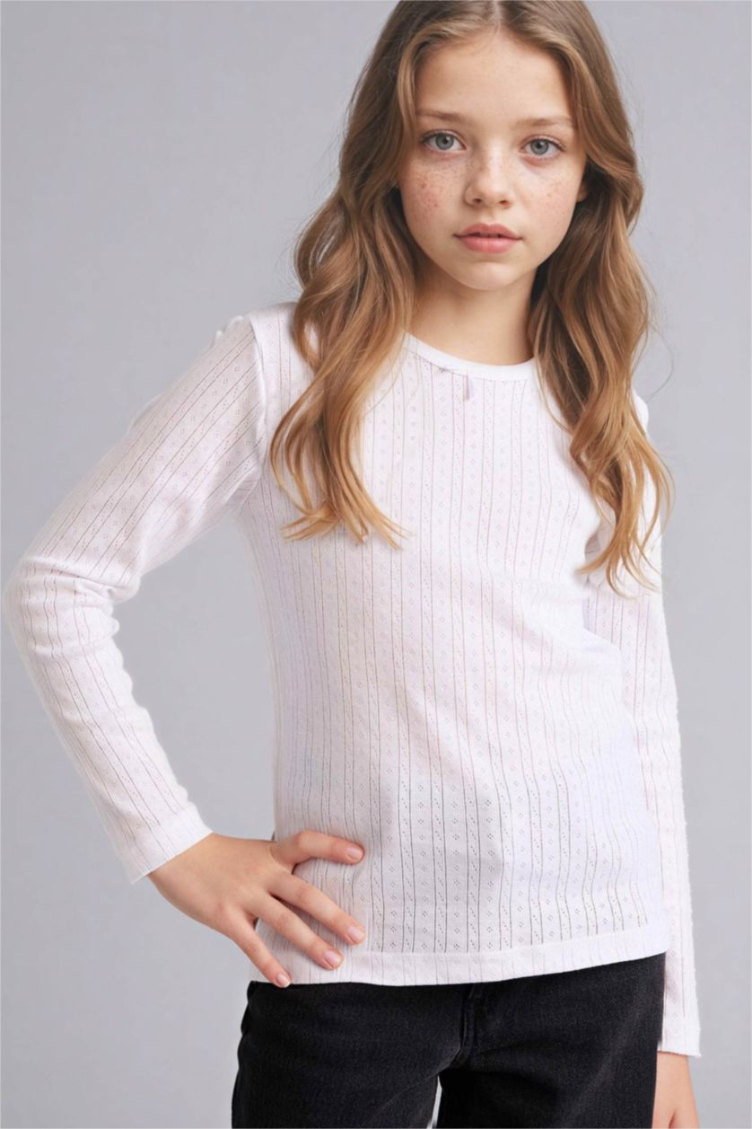 Kız Çocuk - Genç Kız Beyaz %100 Pamuk Bisiklet Yaka Üst Kız Çocuk