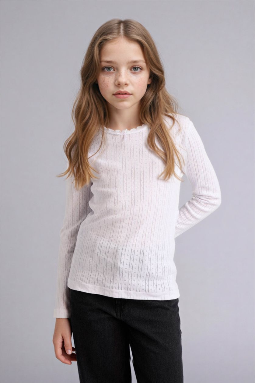 Kız Çocuk - Genç Kız Beyaz %100 Pamuk Bisiklet Yaka Üst Kız Çocuk