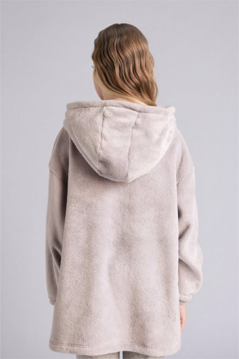 Kız Çocuk - Genç Kız Gri Küçük Kapüşonu Yastık Olabilen Kadife Pijama Elbise Kız Çocuk