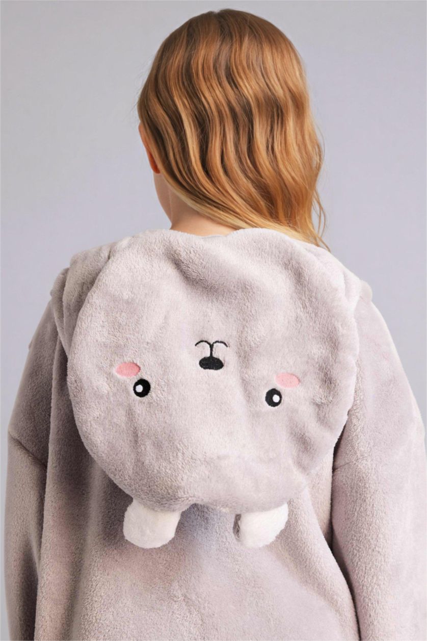 Kız Çocuk - Genç Kız Gri Küçük Kapüşonu Yastık Olabilen Kadife Pijama Elbise Kız Çocuk