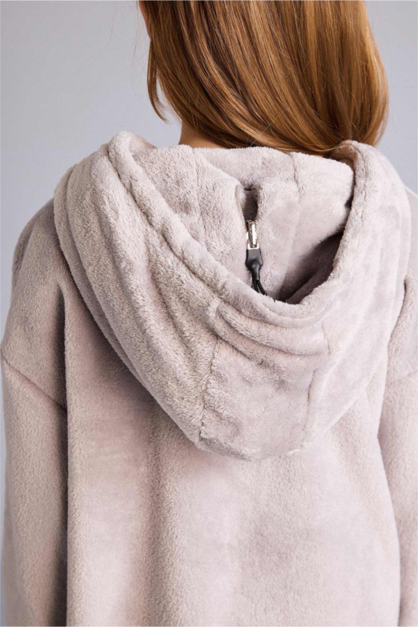 Kız Çocuk - Genç Kız Gri Küçük Kapüşonu Yastık Olabilen Kadife Pijama Elbise Kız Çocuk