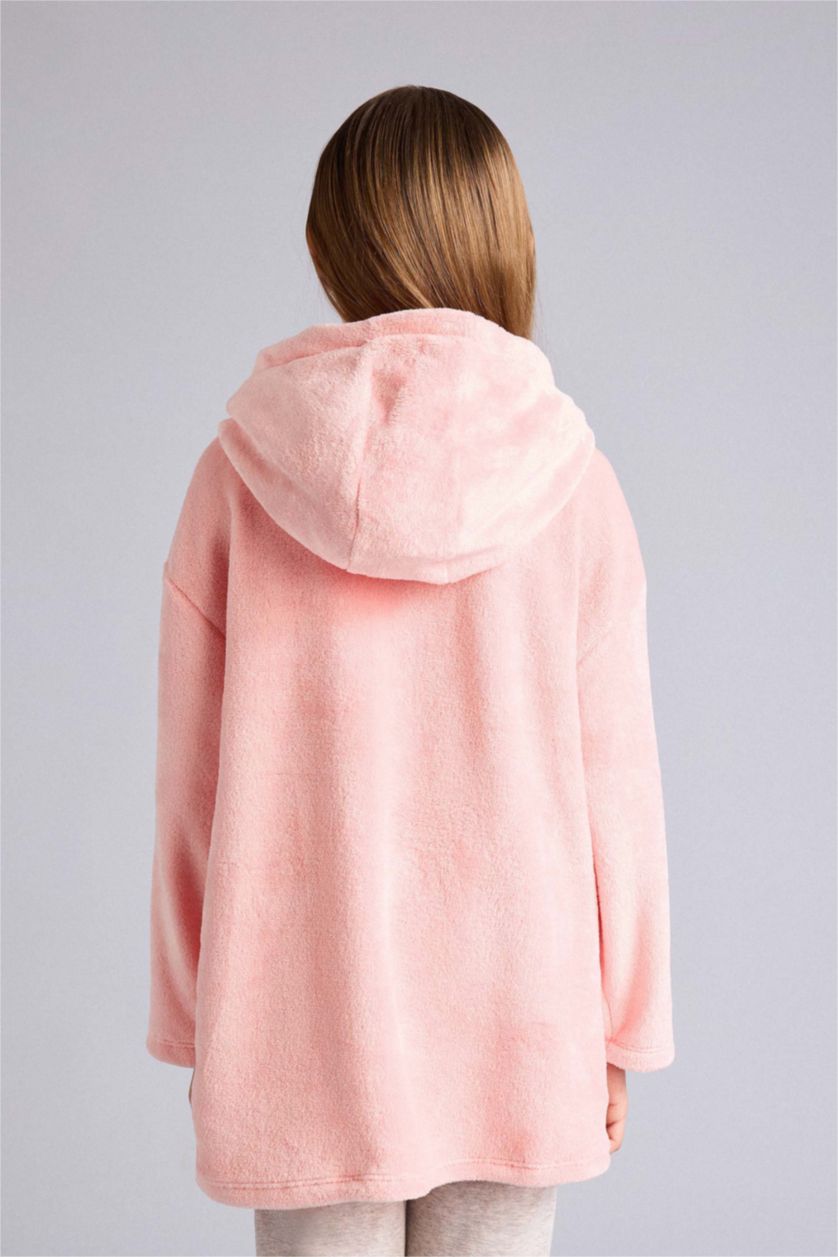 Kız Çocuk - Genç Kız Pembe Kapüşonu Yastık Olabilen Kadife Pijama Elbise Kız Çocuk
