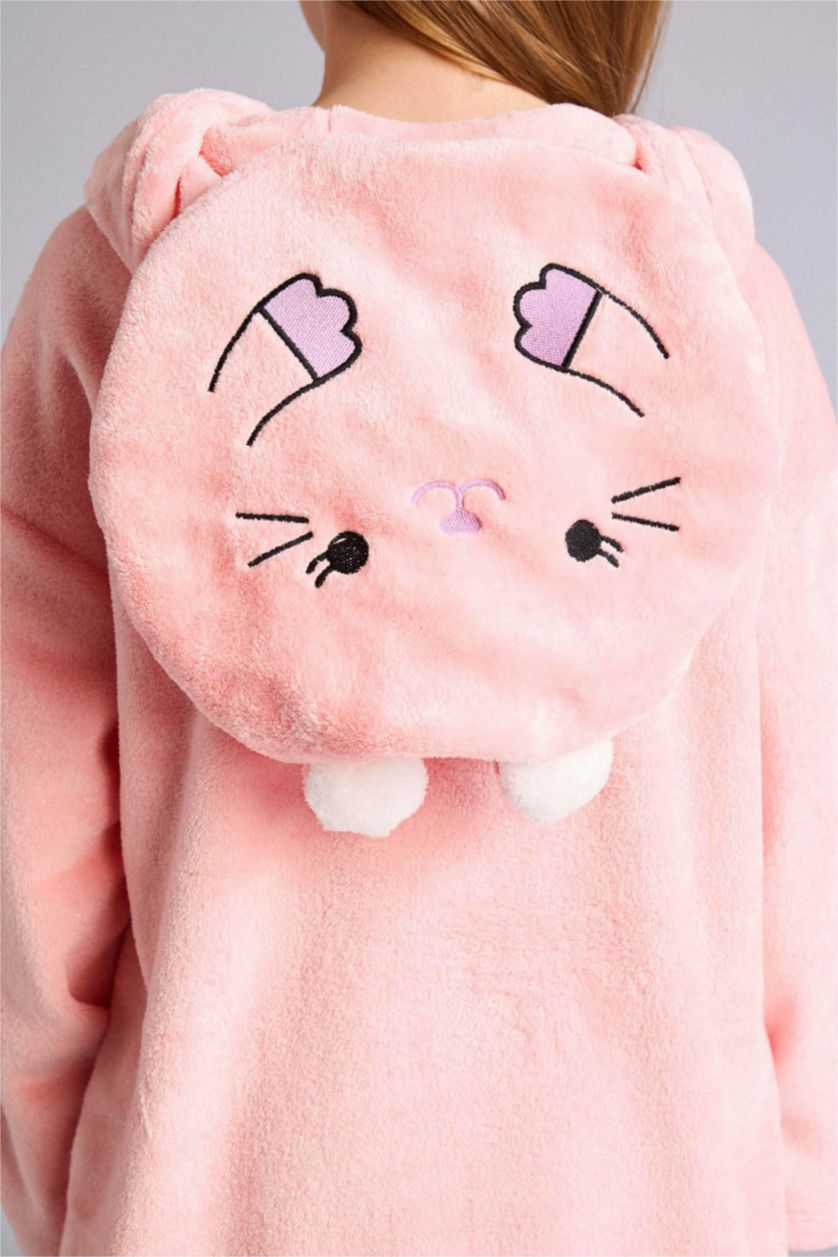 Kız Çocuk - Genç Kız Pembe Kapüşonu Yastık Olabilen Kadife Pijama Elbise Kız Çocuk