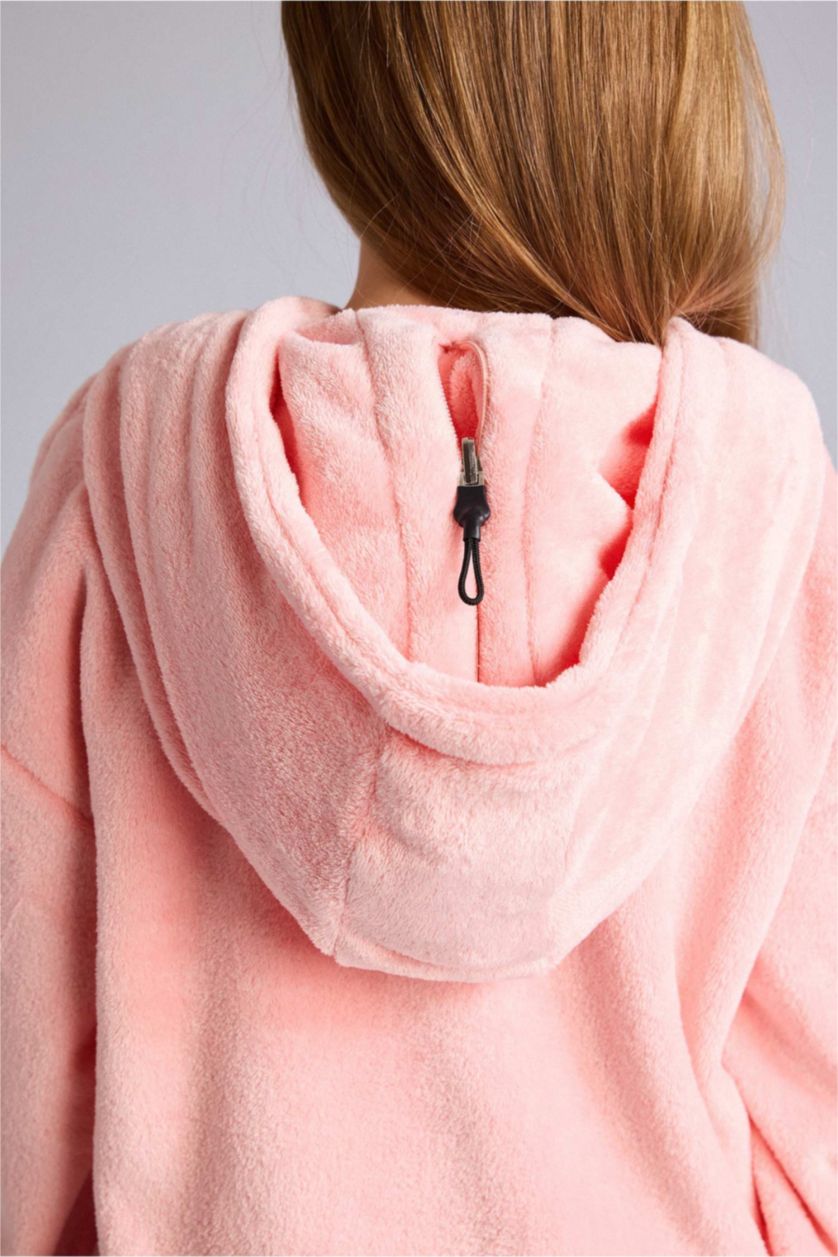 Kız Çocuk - Genç Kız Pembe Kapüşonu Yastık Olabilen Kadife Pijama Elbise Kız Çocuk