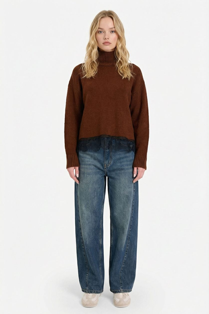 نساء بني بلوز صوف قصة عادية بياخة عالية هاينك