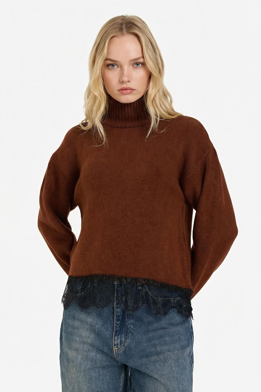 نساء بني بلوز صوف قصة عادية بياخة عالية هاينك